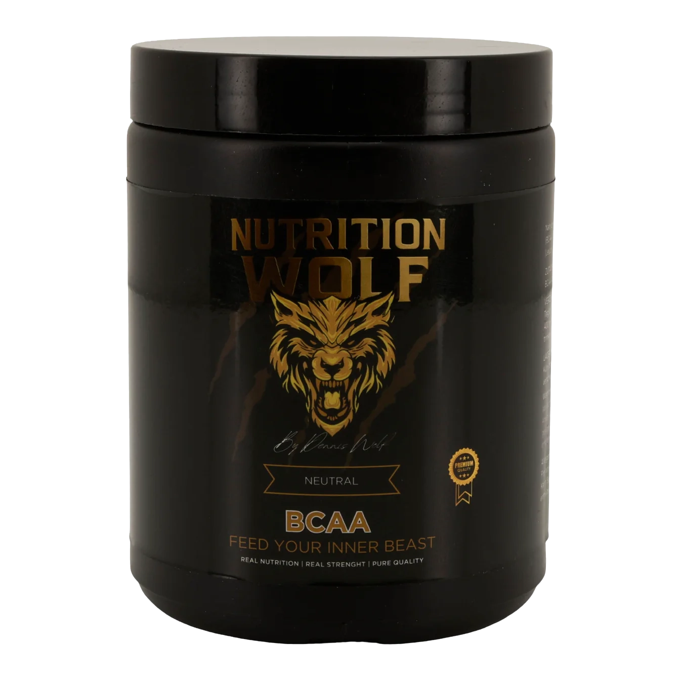 Ein schwarzer Behälter des Nahrungsergänzungsmittels Nutrition Wolf BCAA mit einem goldenen Wolfslogo, dem Schriftzug "Feed Your Inner Beast" und einem Etikett mit dem Hinweis, dass das Produkt geschmacksneutral ist.