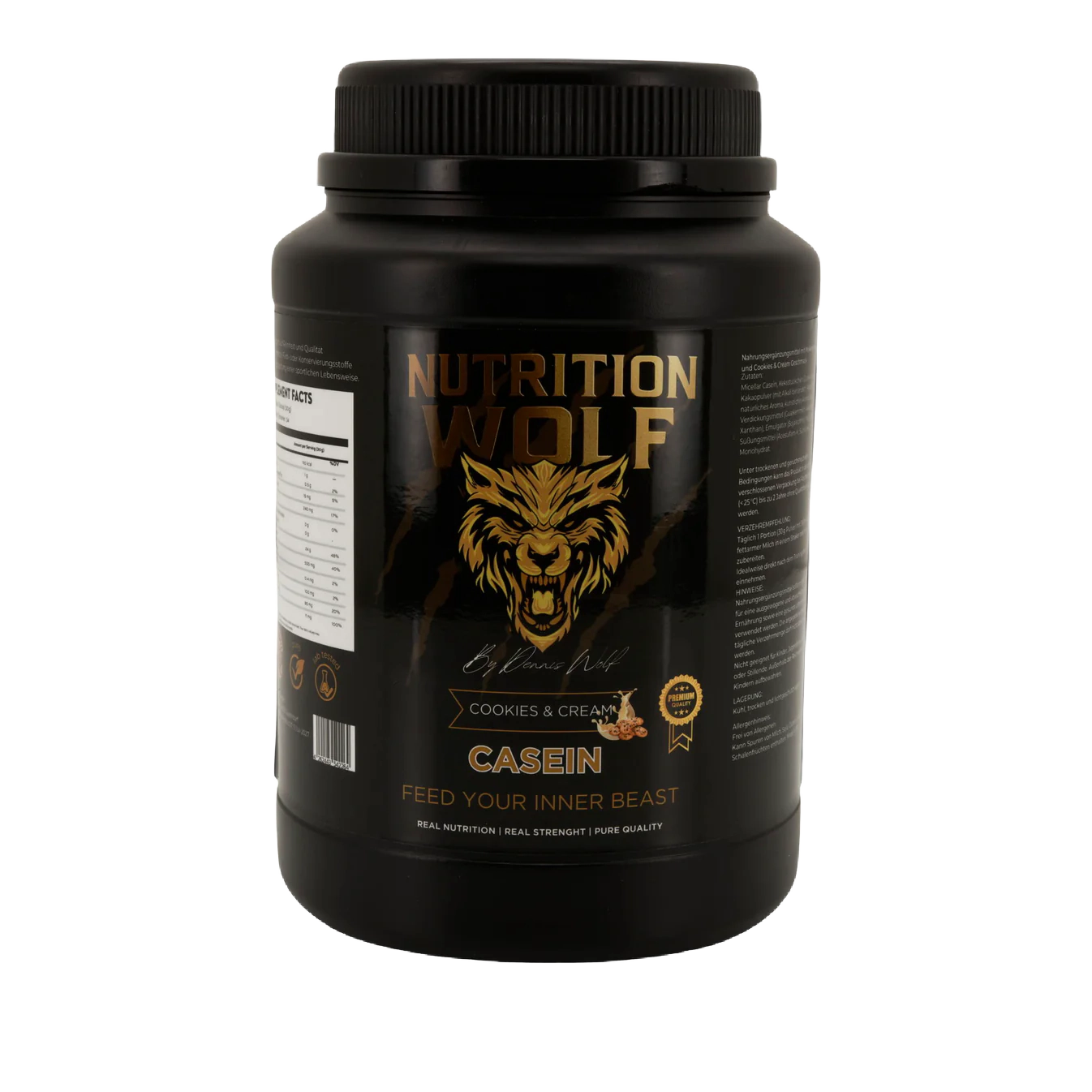 Ein schwarzer Behälter mit Nutrition Wolf Casein-Proteinpulver in der Geschmacksrichtung Cookies & Cream, mit einem wilden Wolfslogo und goldenem Text, der lautet: "Feed your inner beast". Nährwertangaben und Branding sind auf dem Etikett sichtbar.