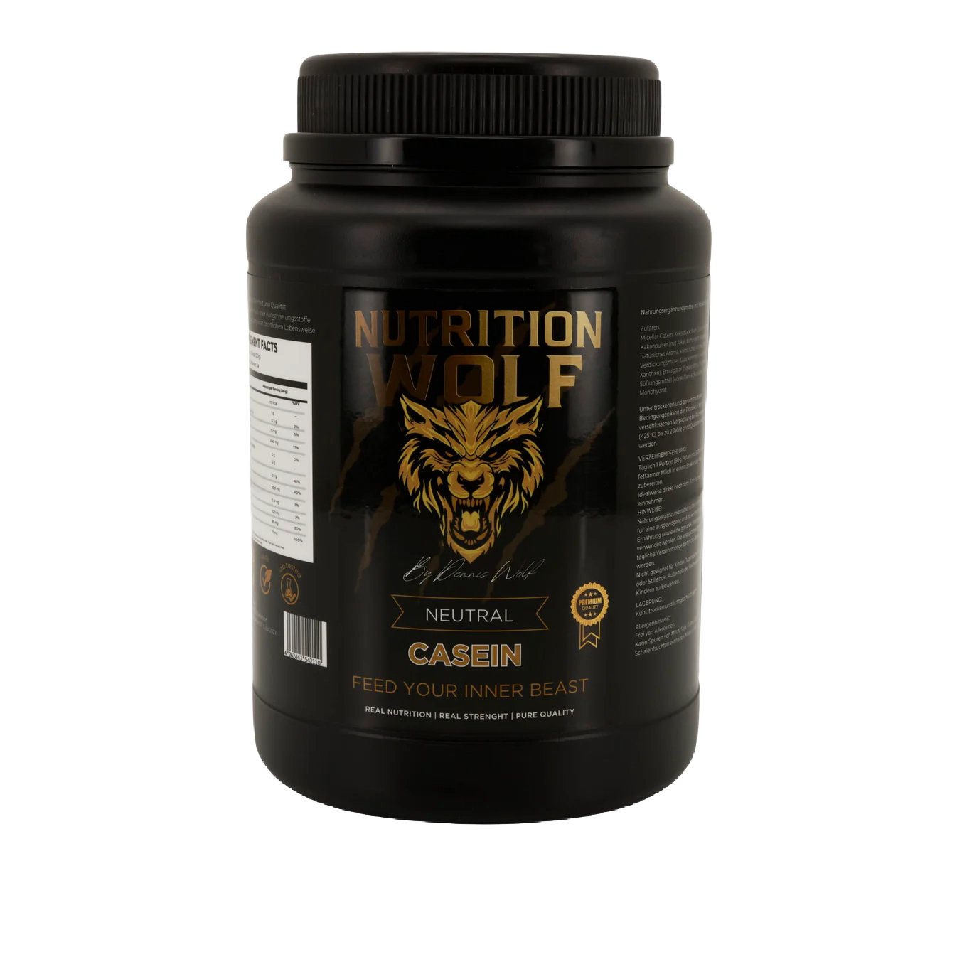Ein schwarzer Behälter mit Nutrition Wolf Casein Proteinpulver mit einem goldenen Wolfslogo und dem Text Feed Your Inner Beast auf dem Etikett. Die angegebene Geschmacksrichtung ist neutral.