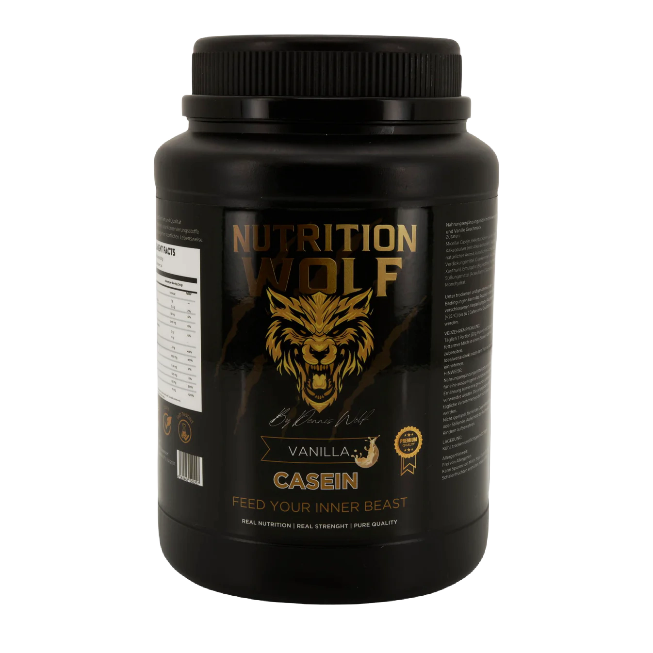 Ein schwarzer Behälter mit Nutrition Wolf Vanilla Casein Proteinpulver mit einem goldenen Wolfslogo und Text sowie einem Etikett mit Nährwertangaben auf der linken Seite des Behälters.