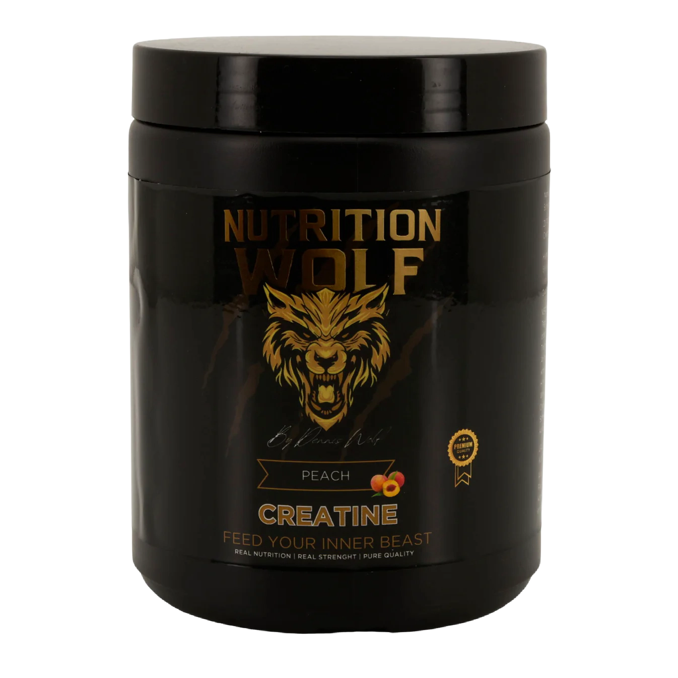 Ein schwarzer Behälter mit Nutrition Wolf Peach Creatine-Pulver, der ein goldenes Wolfslogo und einen Text mit einer kleinen Pfirsichgrafik aufweist. Auf dem Etikett steht "Feed Your Inner Beast" und es enthält eine Zertifizierungsplakette.
