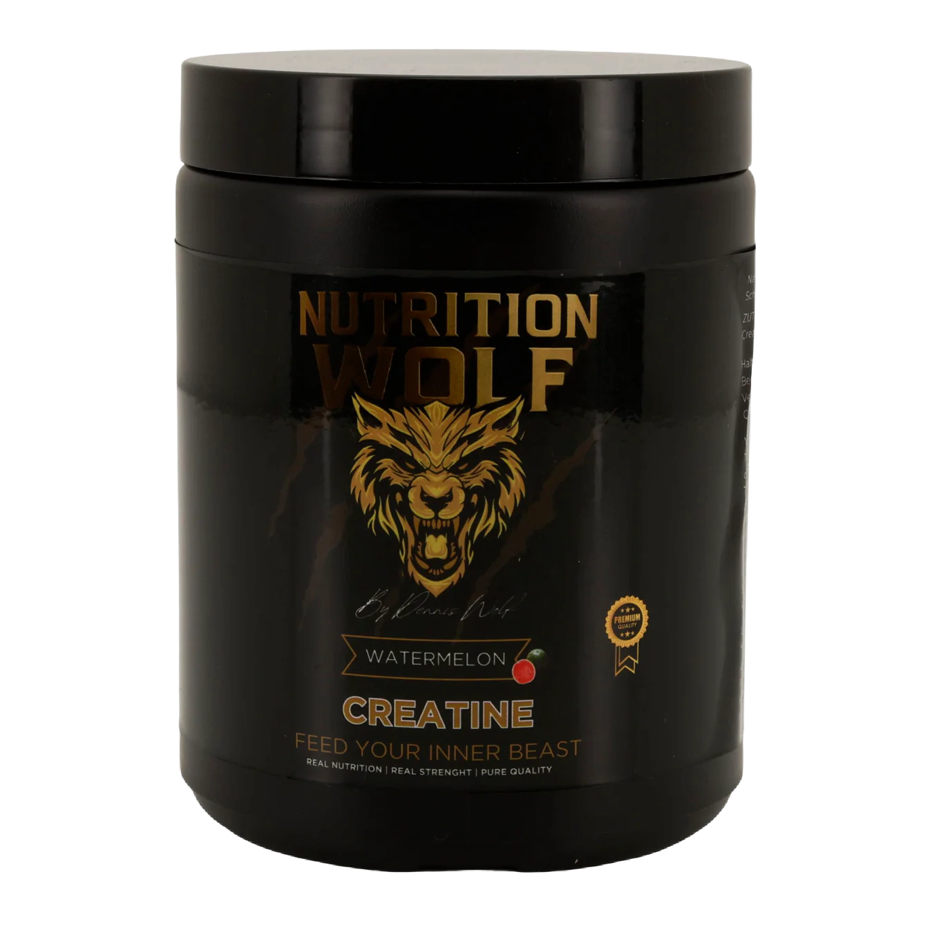 Ein schwarzer Behälter mit Nutrition Wolf Creatine in der Geschmacksrichtung Wassermelone, mit einem goldenen Wolfslogo, fetten Buchstaben und dem Slogan Feed Your Inner Beast auf dem Etikett.