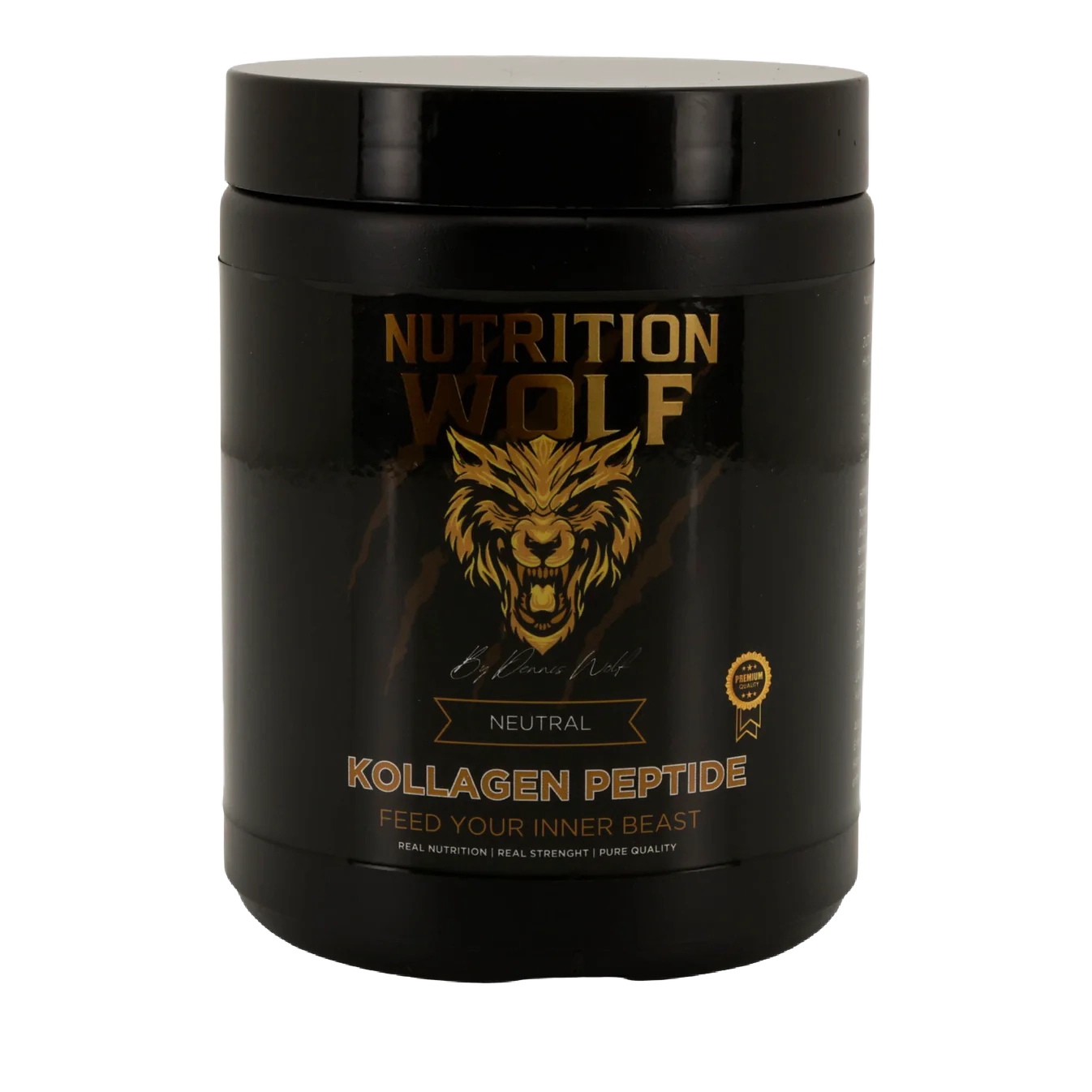 Ein schwarzer Behälter des Nahrungsergänzungsmittels Wolf Kollagen Peptide, mit einem goldenen Wolfslogo und Text, mit dem Etikett mit der Angabe des neutralen Geschmacks und dem Slogan Feed Your Inner Beast.