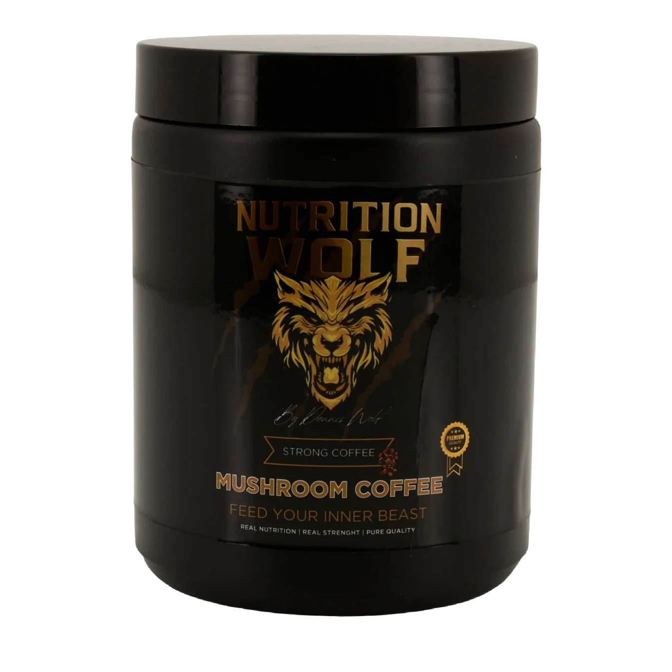 Ein schwarzer Behälter mit Nutrition Wolf Mushroom Coffee zeigt ein goldenes Wolfslogo und den Text Feed Your Inner Beast auf dem vorderen Etikett. Der Behälter hat einen schwarzen Deckel und eine fette, goldene und weiße Beschriftung.