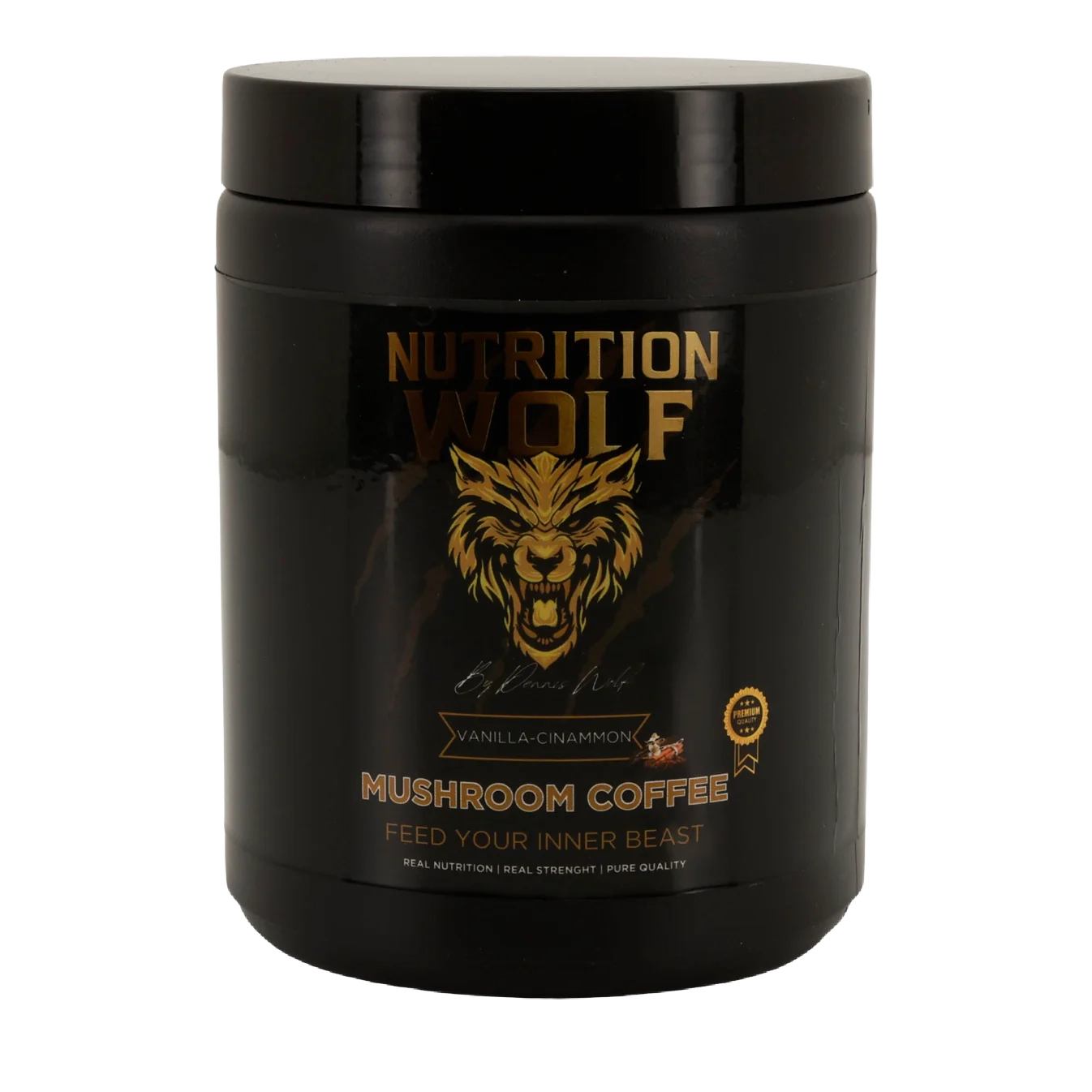 Ein schwarzer Behälter mit Nutrition Wolf Mushroom Coffee in der Geschmacksrichtung Vanille-Zimt, mit einem goldenen Wolfslogo und dem Text "Feed Your Inner Beast" auf dem Etikett.