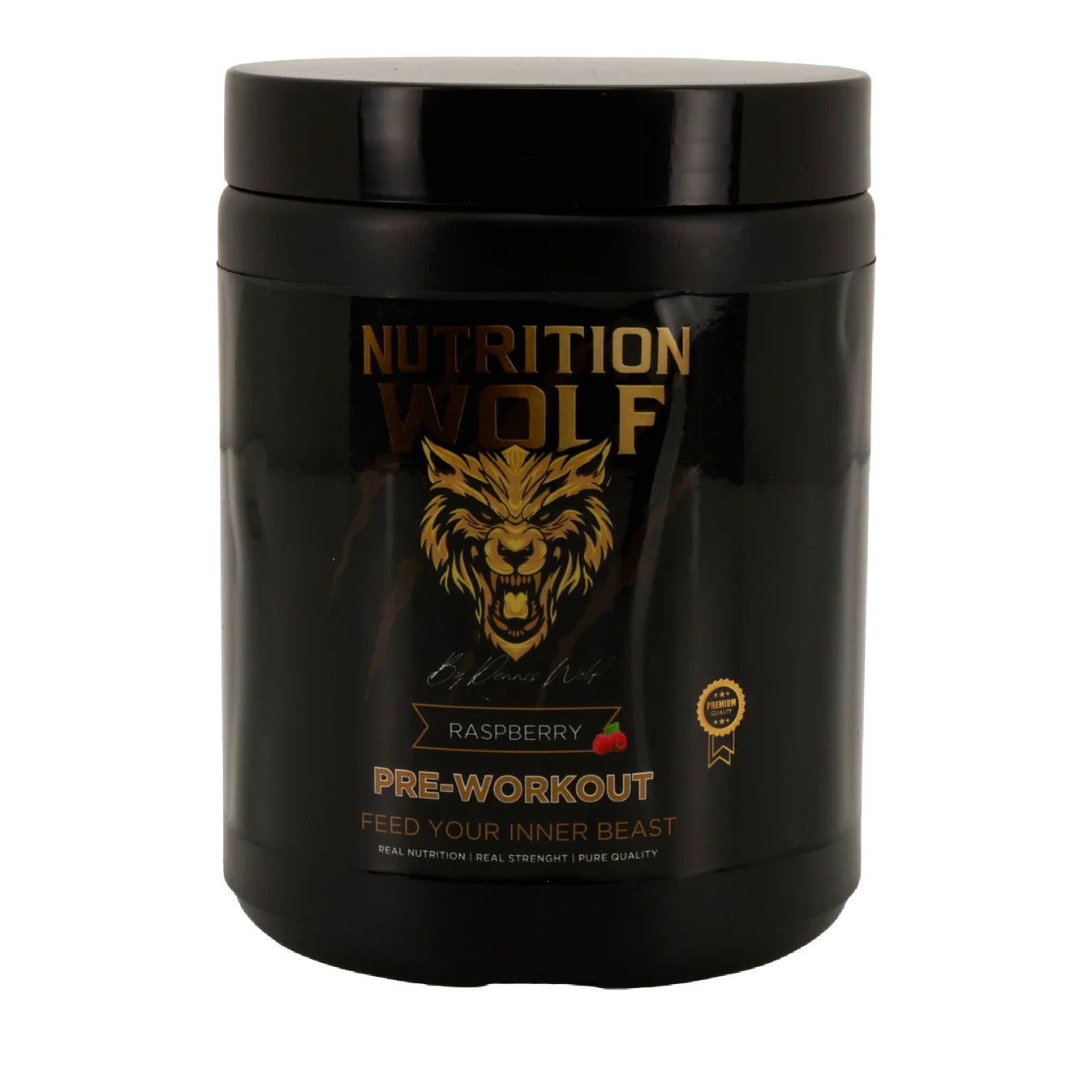Ein schwarzer Behälter mit Nutrition Wolf Pre-Workout Supplement, Himbeergeschmack, mit einem goldenen Wolfslogo und Text. Das Etikett trägt die Aufschrift Feed Your Inner Beast und zeigt eine kleine Himbeergrafik.