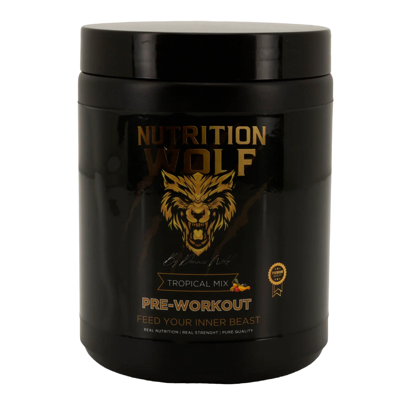 Ein schwarzer Behälter mit Nutrition Wolf Tropical Mix Pre-Workout-Pulver, mit einem wilden Wolfslogo und goldenem Text. Auf dem Etikett steht "Feed Your Inner Beast" und es sind Fruchtsymbole abgebildet.