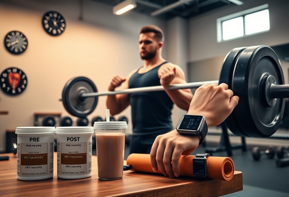 Ein Mann in einem Fitnessstudio stemmt eine Langhantel und trägt eine Smartwatch. Im Vordergrund stehen Behälter mit Nahrungsergänzungsmitteln vor und nach dem Training, ein Eiweißshake, eine Trainingsmatte und eine weitere Smartwatch auf einem Tisch. An der Wand sind Fitnessstudio-Uhren angebracht.
